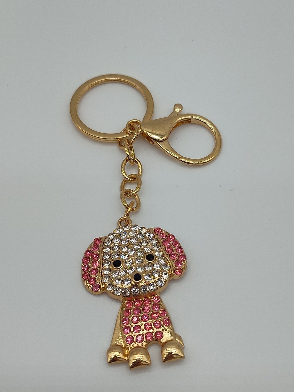 Pink Crystal Puppy Bag Charm Keychain Gold Tone Kawaii Glam